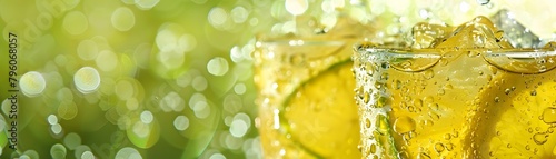 Sunlight captures the effervescent spirit of a bubbly drink, with a close-up on the glass rim and bubbles against a bokeh green backdrop.