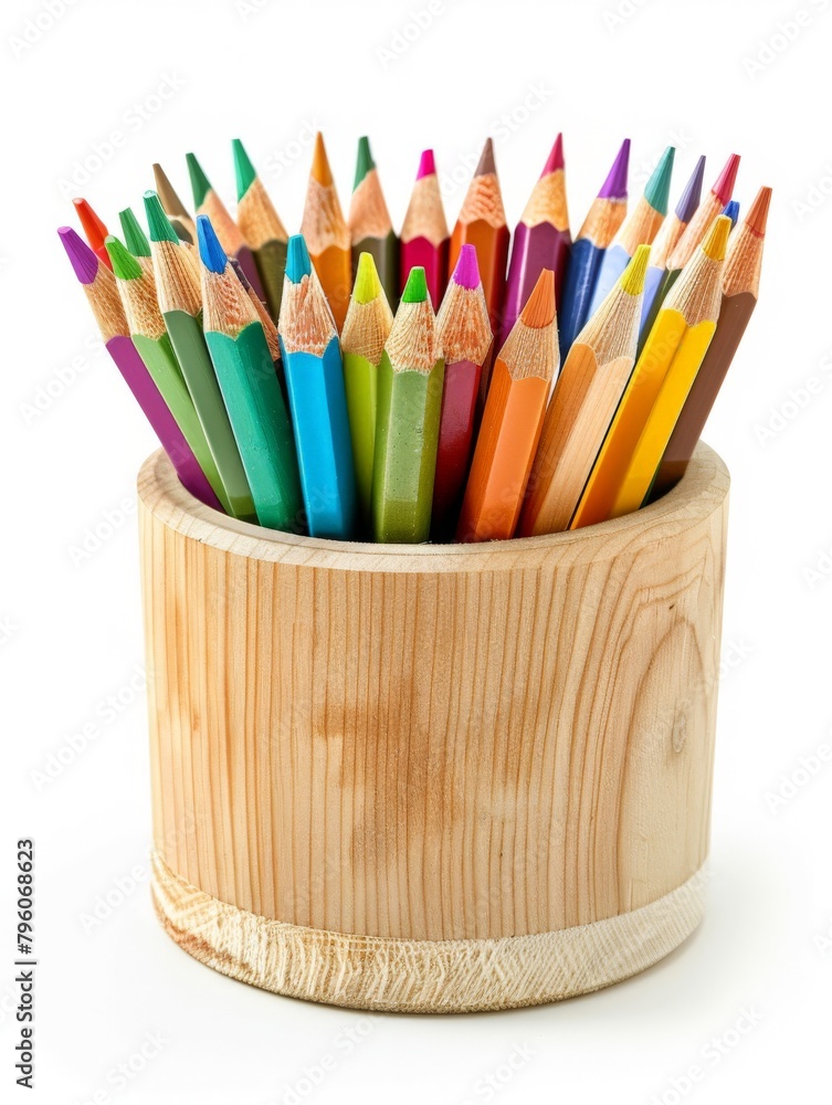 different color pencils in a wooden container isolated on white background different color pencils in a wooden container isolated on white background