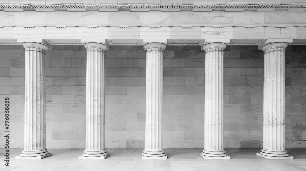 Obraz premium Greyscale image of a row of classical columns in a symmetrical arrangement