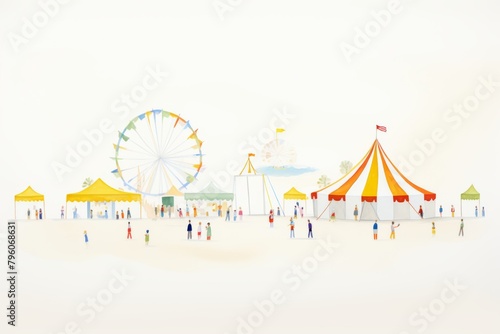 A Ferris wheel and a circus tent are at a fair. There are people walking around and there are small tents set up as well.