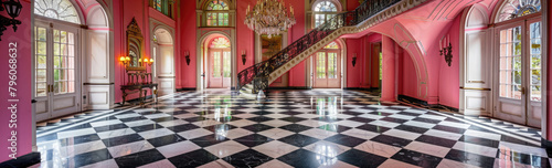 An opulent mansion with black and white checkered floors, a grand staircase, pink walls, crystal chandeliers, luxurious decor, a symmetrical design