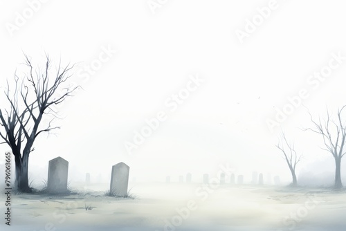 A foggy graveyard with tombstones and dead trees