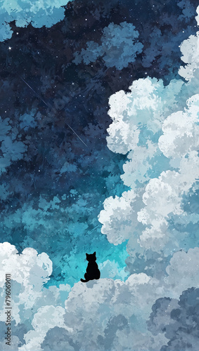 Cat sitting in the clouds with starry sky in the background