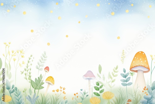 A watercolor painting of a whimsical forest with polka dot mushrooms, and various flowers and plants with a blue sky background.