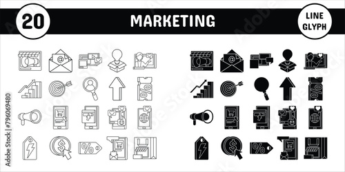Marketing Line Glyph Vector Illustration Icon Sticker Set Design Materials