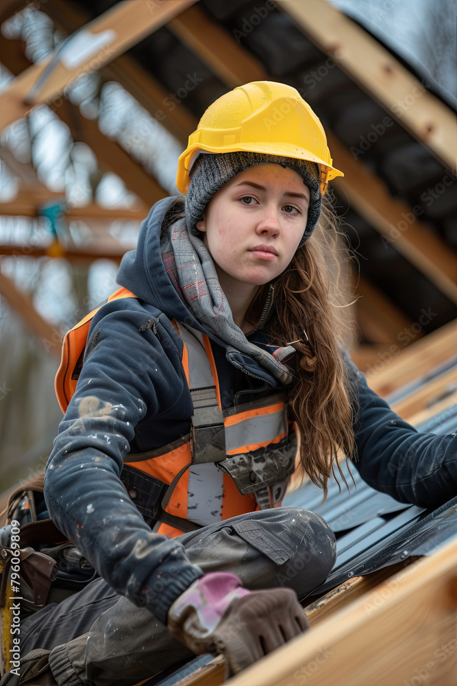 Woman laborer at a construction site. Young female employed as a roofing contractor. Residential building project Woman laborer at a construction site. Young female employed as a roofing contractor. Residential building project