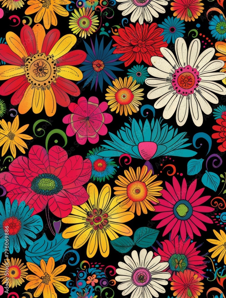 A vibrant spring flowers background featuring various shapes, colors, and sizes, perfect for adding a pop of color to your projects