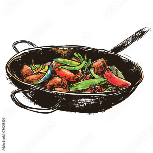 Illustration of a wok with vegetables in a frying pan.