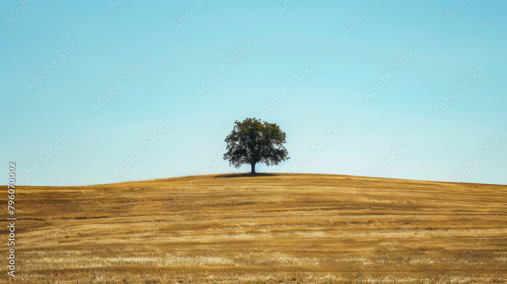 A lone tree atop a golden hill under a clear blue sky, embodying a sense of isolation