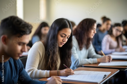 Hispanic Students Listening to a Lecturer student writing classroom