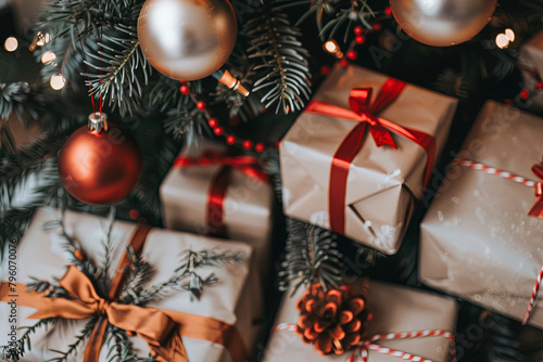 Festive Christmas tree ornamentation with wrapped gift boxes underneath