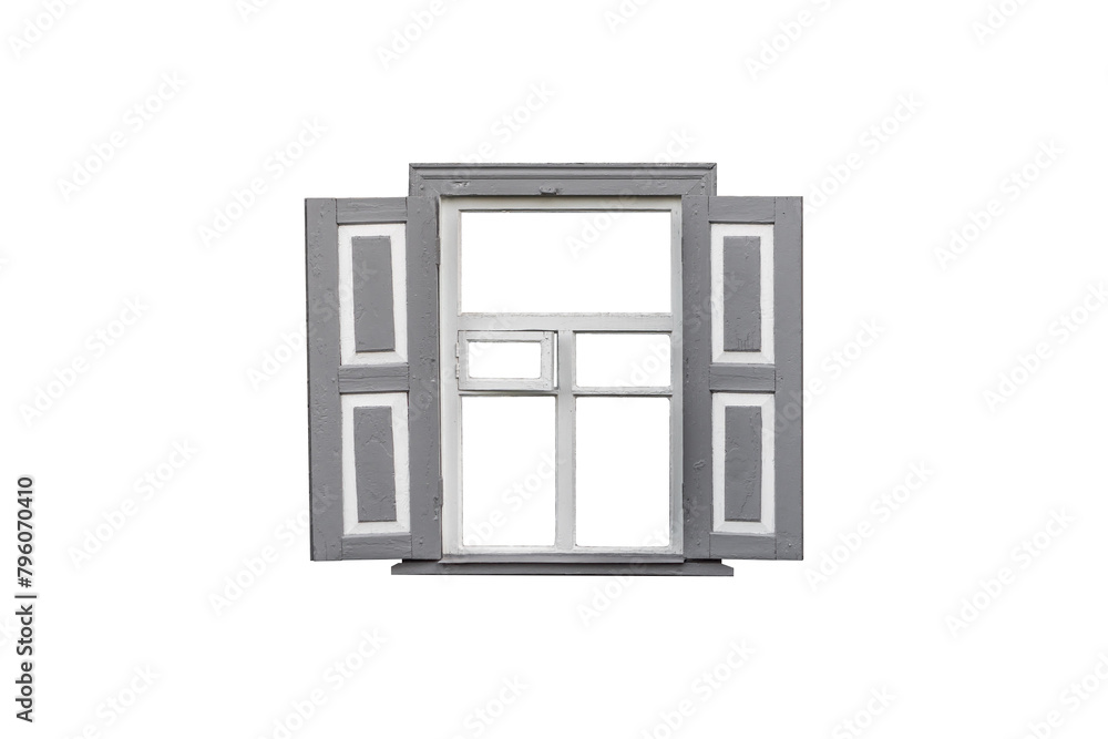 Old ukrainian gray wooden window frame with shutters and decorative elenents isolated on transparent background.