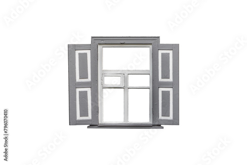 Old ukrainian gray wooden window frame with shutters and decorative elenents isolated on transparent background.