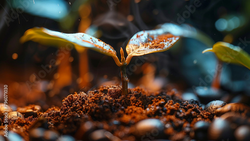 Aroma Unleashed- Envision a surreal coffee landscape. Whole beans sprout roots, burrowing into the earth. As they emerge, they transform into ground coffee