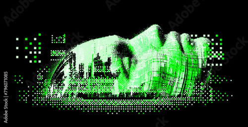 Glitched and pixelated silhouette of a 3D human head on a dark background. Conceptual vector illustration about man in the age of technology. 