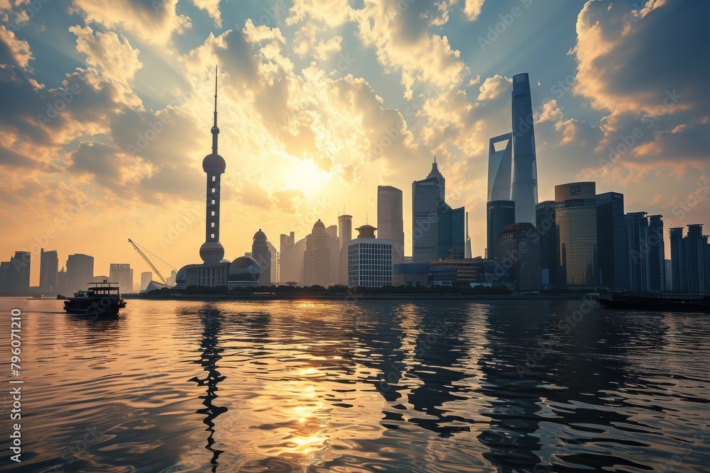 An idyllic vision of the beautiful Shanghai skyline, AI generated