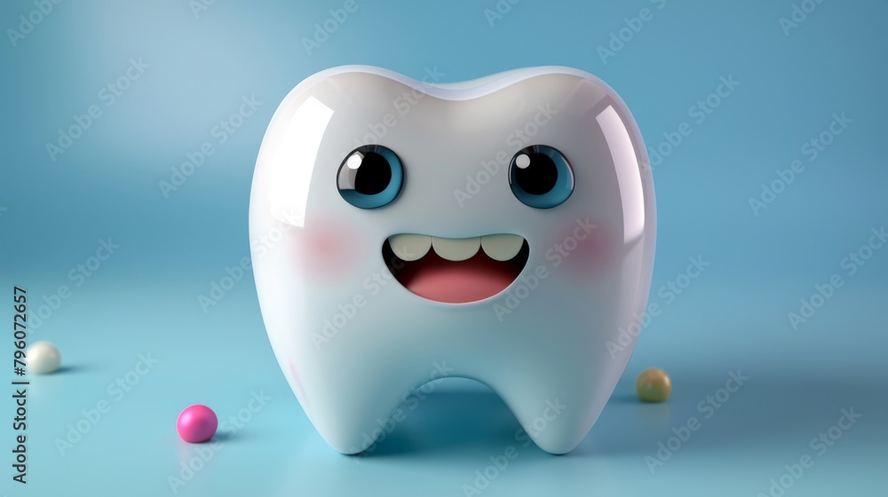 cute tooth 3D character on a blue pastel background cute tooth 3D character on a blue pastel background