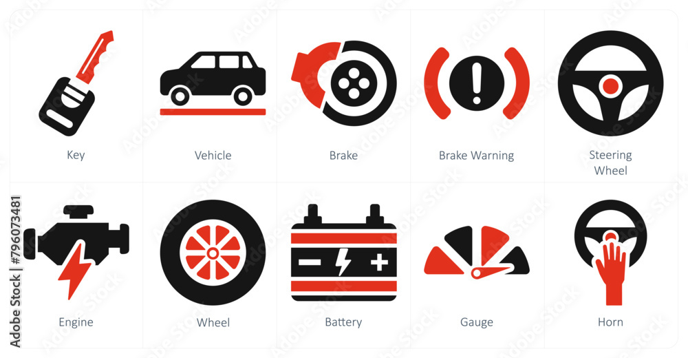Fototapeta premium A set of 10 car icons as key, vehicle, brake