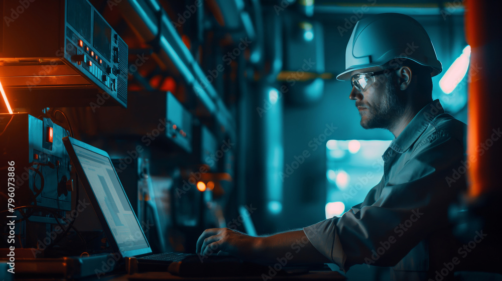 Concept of an engineer working with a laptop in a dark room, wearing a helmet and glasses near a control panel at a power plant or factory for electricity production and energy storage technology. Concept of an engineer working with a laptop in a dark room, wearing a helmet and glasses near a control panel at a power plant or factory for electricity production and energy storage technology.