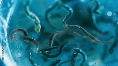 A group of nematodes in a petri dish swarming and wriggling in a synchronized motion reminiscent of a microscopic dance. . AI generation. photo