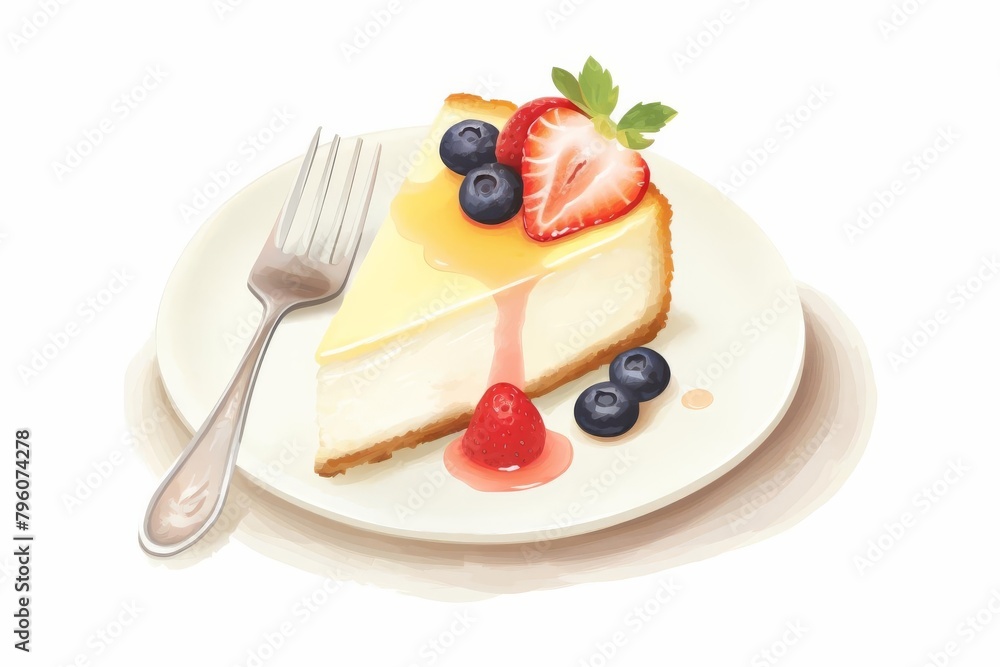 A slice of Cheesecake topped with fresh fruit and a drizzle of glaze, on a plate with a decorative fork beside it, seamless background, A slice of Cheesecake topped with fresh fruit and a drizzle of glaze, on a plate with a decorative fork beside it, seamless background,