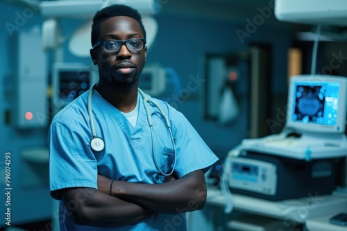 A black radiology technician standing in front a workstation adult nurse stethoscope. photo