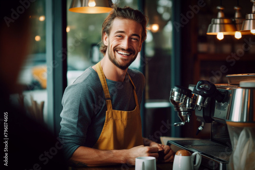 handsome smiling barista having a coffee break photo