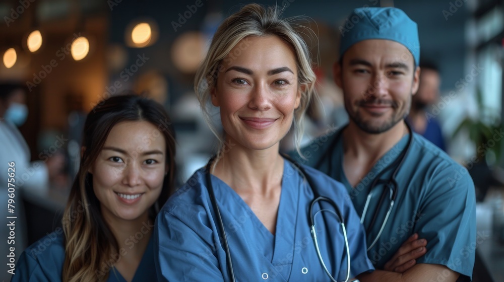 Fototapeta premium A diverse group of doctors with smiling faces focuses on front-centered colleagues in a medical setting
