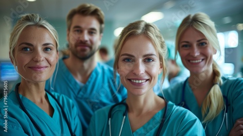 A portrait of a bright and friendly medical team with members looking directly into the camera © Vuk