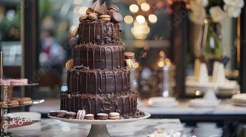 A sumptuous chocolate birthday cake adorned with miniature macarons and chocolate shards, positioned on a marble dessert table at a sophisticated urban wedding venue photo