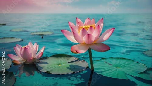 Describe a scene of heavenly beauty in which a magnificent pink and white lotus rises from brilliant turquoise waters.