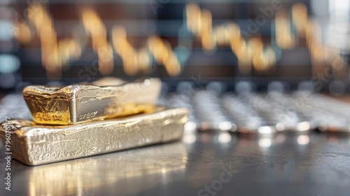 Several gold ingots stacked neatly with the reflection of stock market data on the shiny surface for financial themes