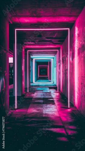 An urban passage illuminated with striking neon pink lights creating a modern, futuristic feeling © Vuk