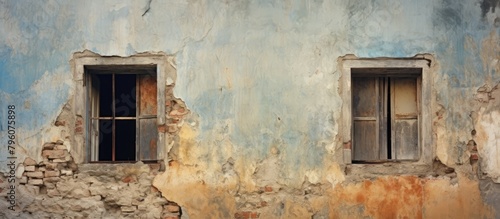 Two windows adorn the side of an old brick building