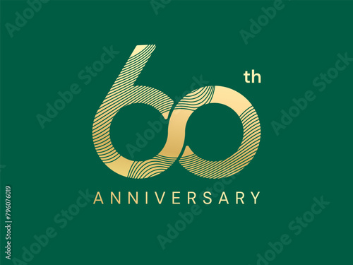 60th Anniversary luxury gold celebration with Abstract Curved Wave Lines in number logo typography vector design twisted infinity concept. Sixty years anniversary gold template for business, event.