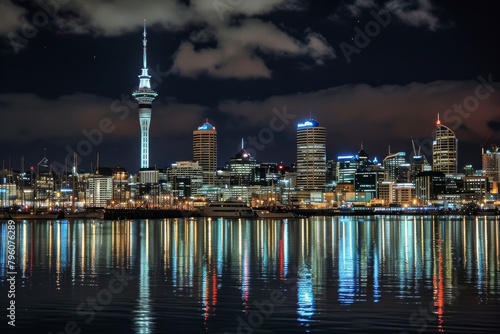 Beautiful Auckland skyline with the Sky Tower illuminated at night  AI-generated