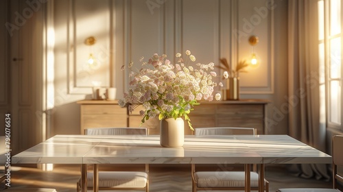 A vintage farmhouse dining room  the dining room has small gold ornaments  a rectangular marble dining table with a small bouquet of white and purple table flowers in the center. Generative AI.