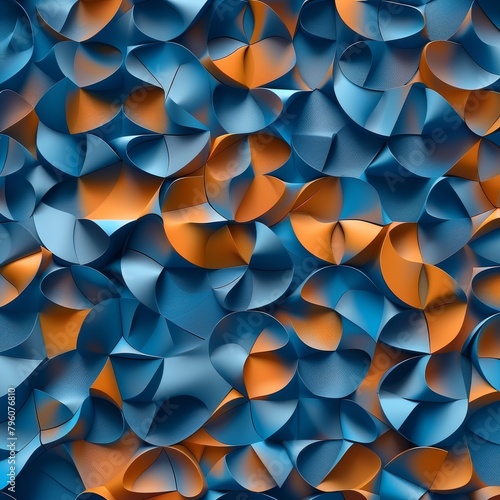 abstract geometric pattern seamlessly integrated into a 3D wallpaper design  combining sharp triangles and smooth circles in an array of blues and burnt orange