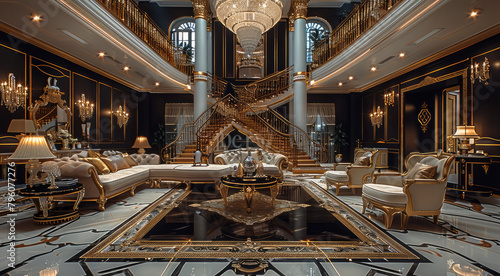 A luxurious villa with black and gold decorations, living room with marble floor tiles, crystal chandeliers. Generative AI. © visoot