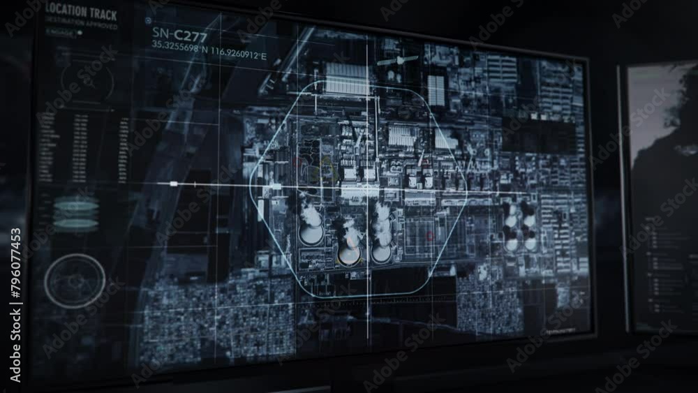 Computer Monitor. Network UI. Using the Special Forces Network to find the Rival Army Position. The network has found the Location of the Power Station in Central Asia. Radar. Tracking. Close-up. Computer Monitor. Network UI. Using the Special Forces Network to find the Rival Army Position. The network has found the Location of the Power Station in Central Asia. Radar. Tracking. Close-up.
