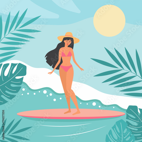 Beautiful girl in swimsuit surfing on the wave. Tropical leaves around. Summer poster, banner or card.