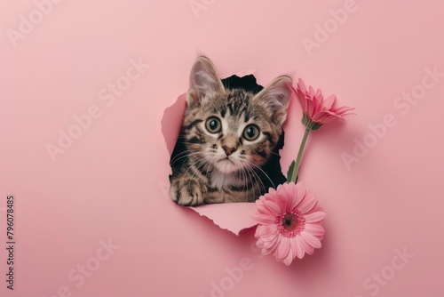 Cat peeking out animal flower portrait.