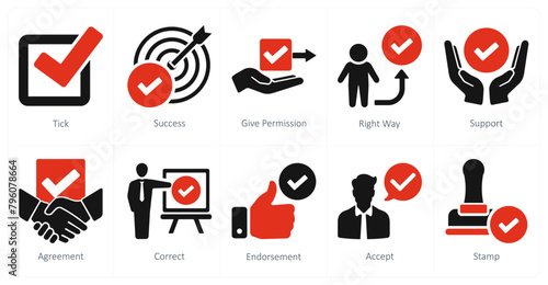 A set of 10 checkmark icons as tick, success, give permission