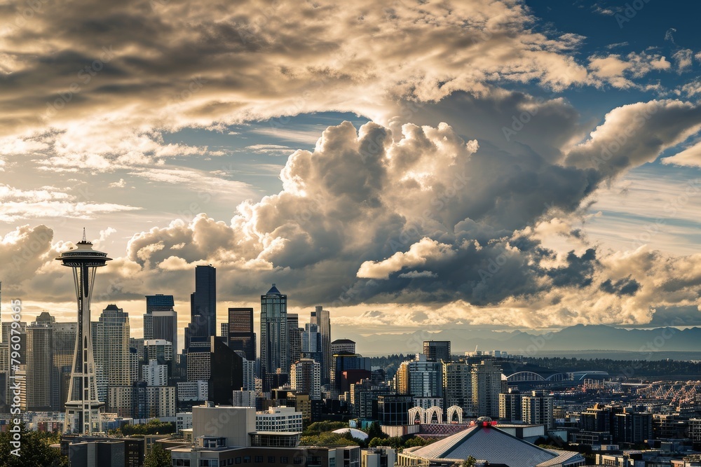 Aerial view of The skyline of Seattle with dramatic clouds, AI generated