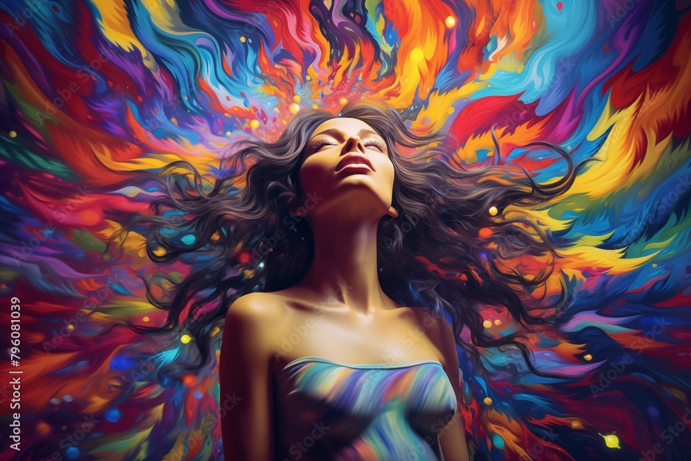 A woman in a colorful vivid dreamy background. an illustration of visual hallucinations. Mental health concept Illustration