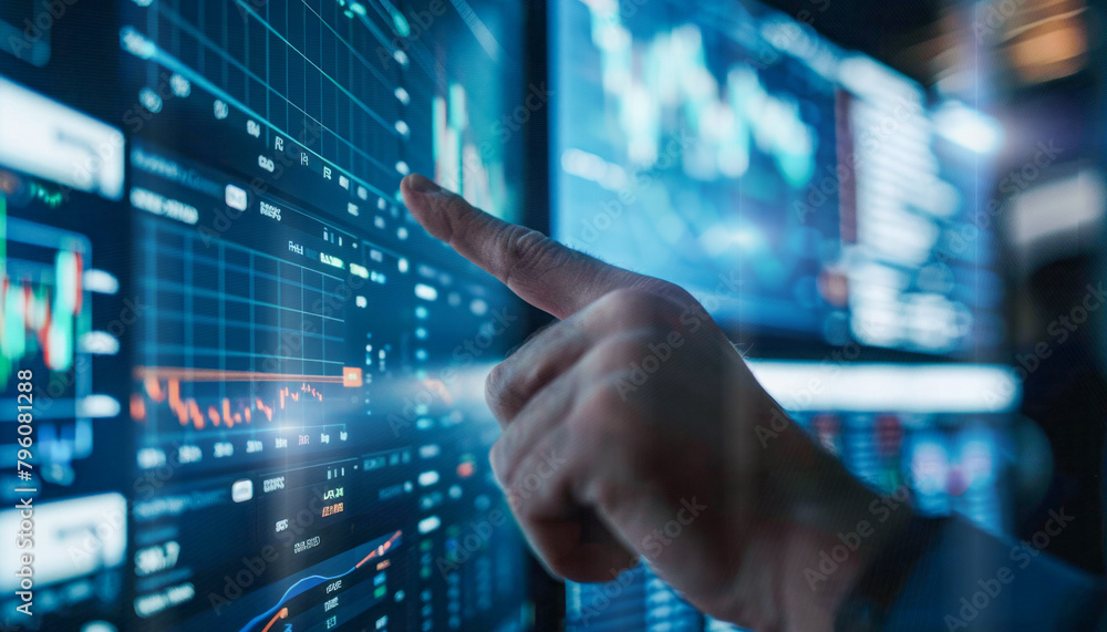 A man is pointing at a graph on a transparent screen showing market and economy trends A man is pointing at a graph on a transparent screen showing market and economy trends