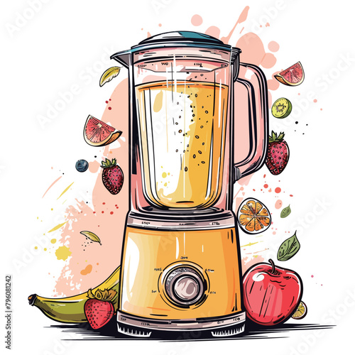 Illustration of a blender with colorful splashes on a white background