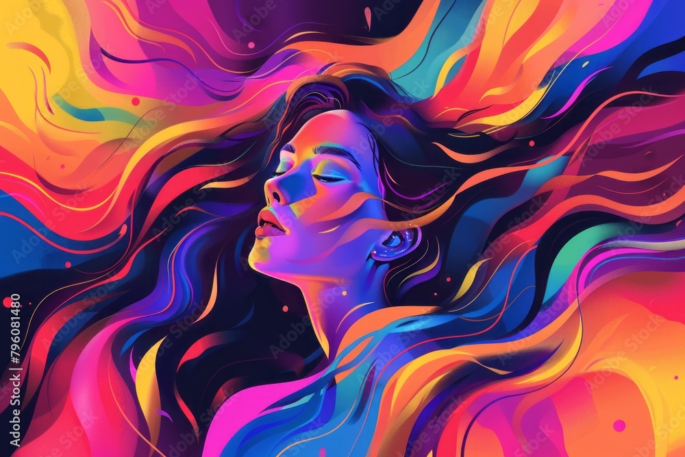 A woman in a colorful vivid dreamy background. an illustration of visual hallucinations. Mental health concept Illustration