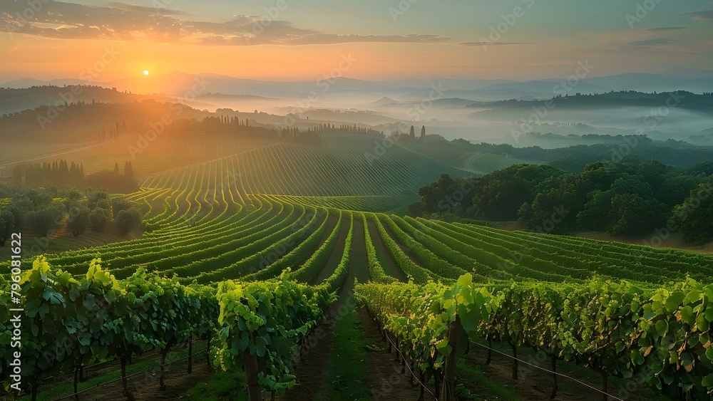 Iconic Tuscany Vineyards at Sunrise: Home to Italy's Finest Wines. Concept Tuscany, Vineyards, Sunrise, Wines, Italy