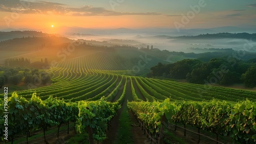 Iconic Tuscany Vineyards at Sunrise: Home to Italy's Finest Wines. Concept Tuscany, Vineyards, Sunrise, Wines, Italy photo